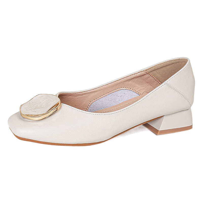 Evening style lady single-layer shoes women's shoes 2023 new popular retro commuter soft leather square toe mid-high heel grandma shoes
