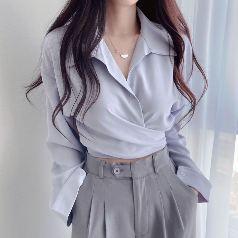 Korean chic Spring & Fall Age-reducing Retro Niche Design Elegant Waist Slimming Look Lace-up Single-breasted Short Shirt