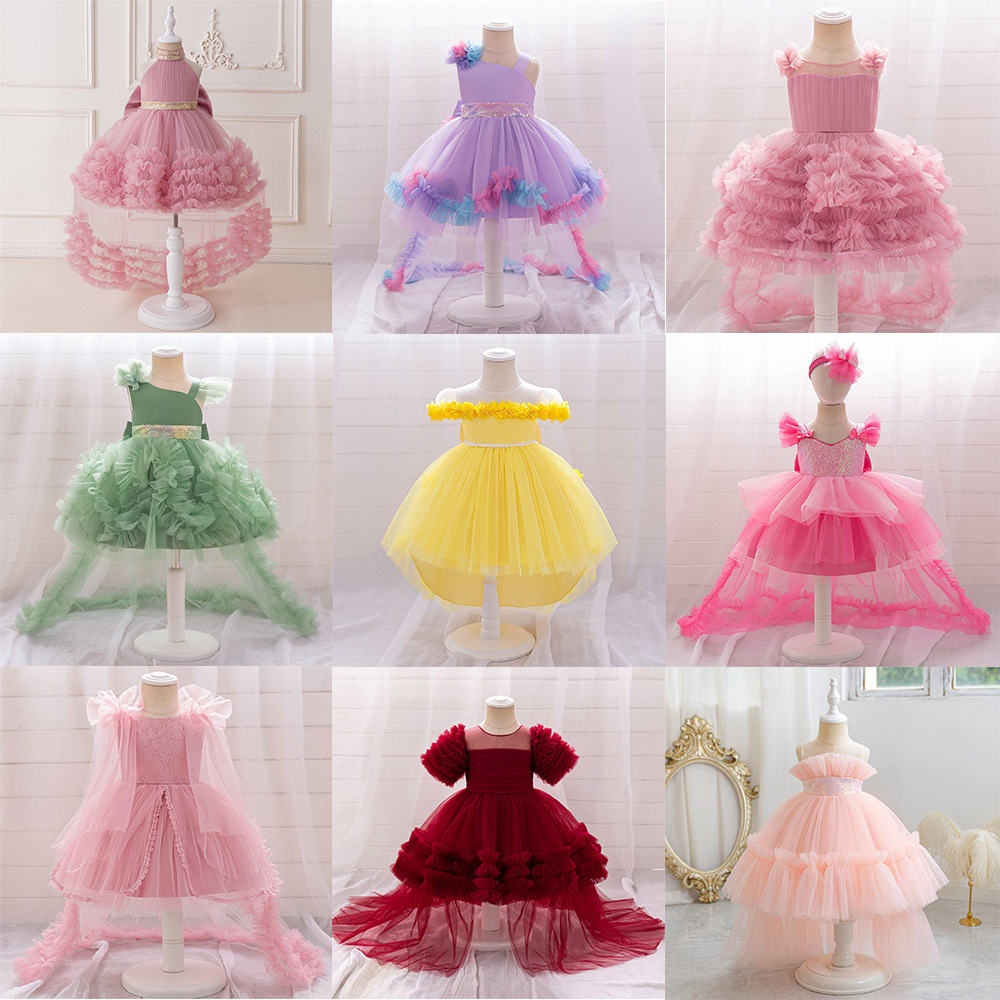 New One-year-old Dress Short-sleeved Pleated Mesh Lace Trailing Princess Dress Ponked Yarn Flower Children's Wedding Dress