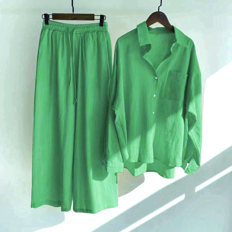Picture of Cross-border Amazon Women's 2-piece Vintage Plus Size 2022 Cotton and Linen Shirt suit High Waist Loose Trousers