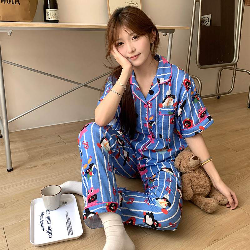 New Cartoon Cute Music Pingu Pajamas Women's Summer suit Cotton Home Wear Short-sleeved Trousers for Outer Wear