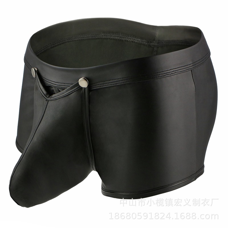 Men's sexy patent leather boxer briefs four-corner imitation leather low waist European and American sexy lingerie U convex design one-piece delivery