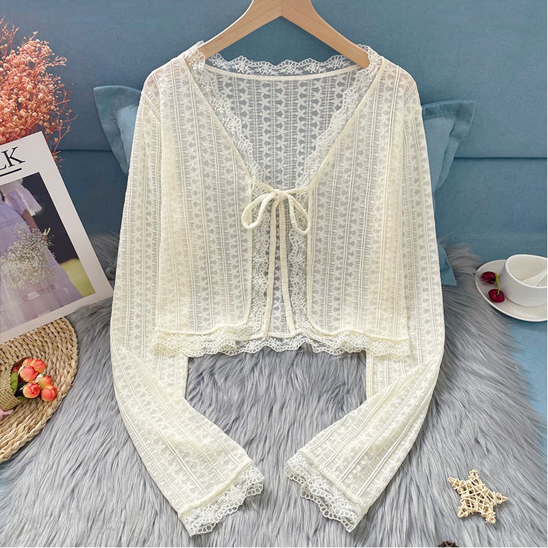 Thin Lace Knitted 2024 Summer New Style Lace-up Fashionable Shawl Outer Wear Elegant Women's Sling Top Blouse