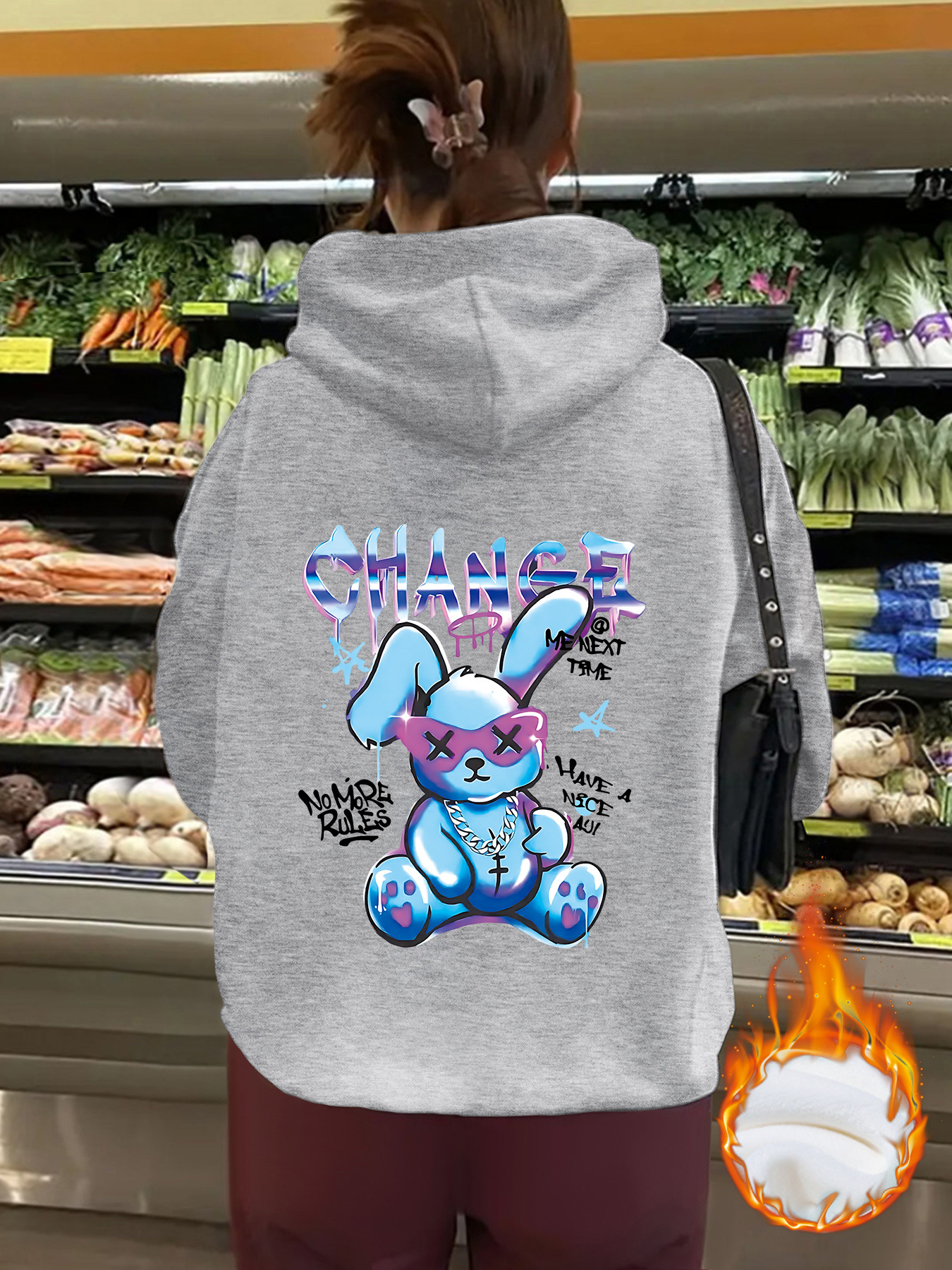 Cross-border European Size Autumn and Winter Women's Kangaroo Pocket Hooded Long-sleeved fleece-lined Sweatshirt Top CHANGE Cartoon Printing