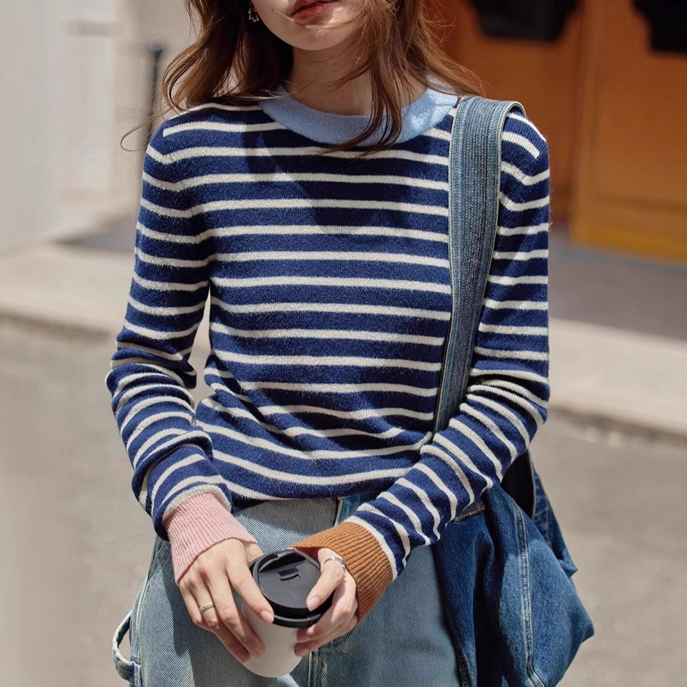 1313 Chic Blue Striped Merino Wool Alpaca Base Sweater Soft Waxy Sweater