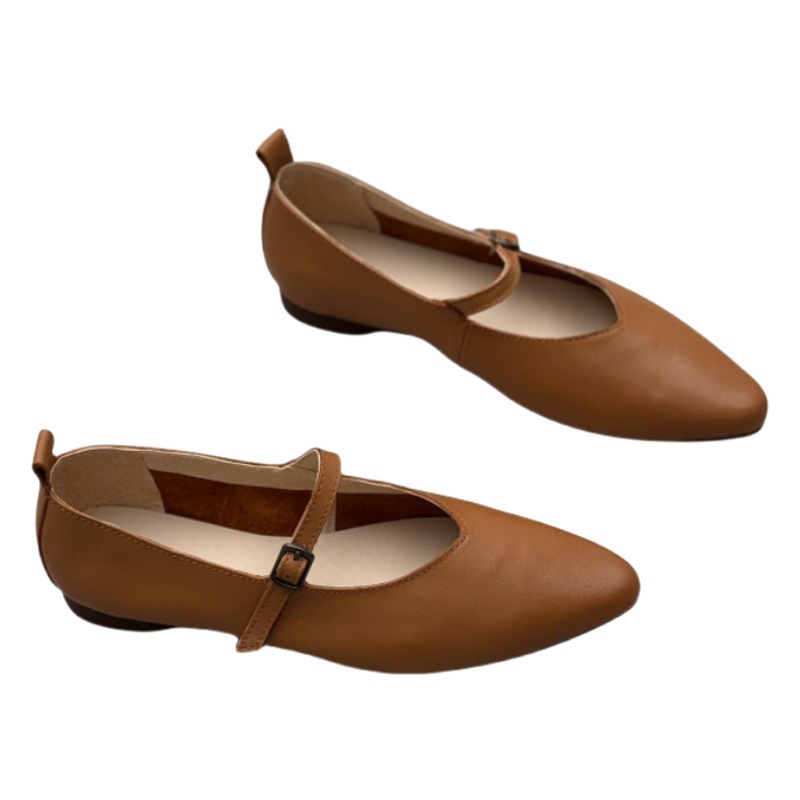 Literary Handmade Genuine Leather Pointed-Toe Flats for Women 2025 Spring and Summer New Style One-Word Buckle Flats Bottom Simple Versatile Genuine Leather Women's Shoes