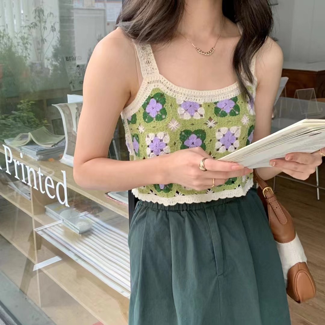 Ethnic Style Color-matching Checked Hollow Short Camisole Women's 2022 New Vintage Flocking Embroidered Top Trendy