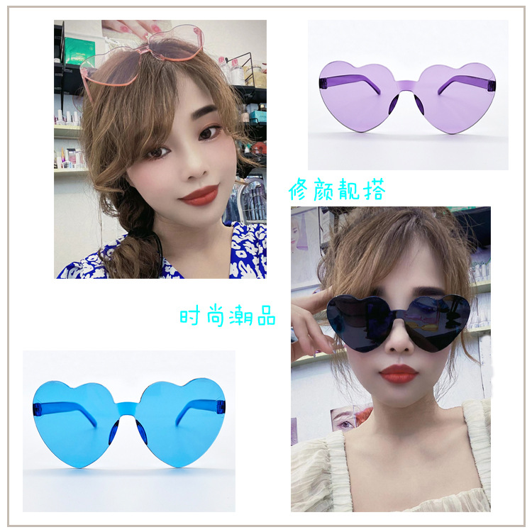 Picture of New love sunglasses jelly color frameless heart-shaped conjoined glasses dazzling color heart sunglasses