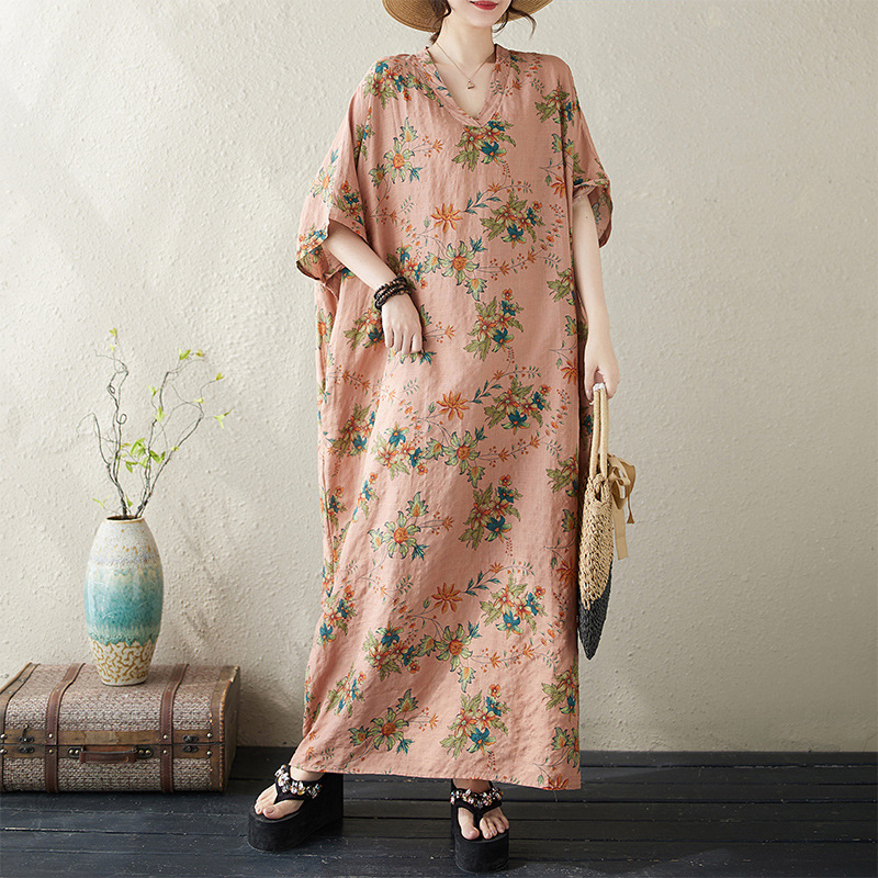 Artistic Print Cotton Linen Loose Dress for Chubby Women's Women's Summer Fashion Elegant V-neck Short-sleeved Knee-length Dress