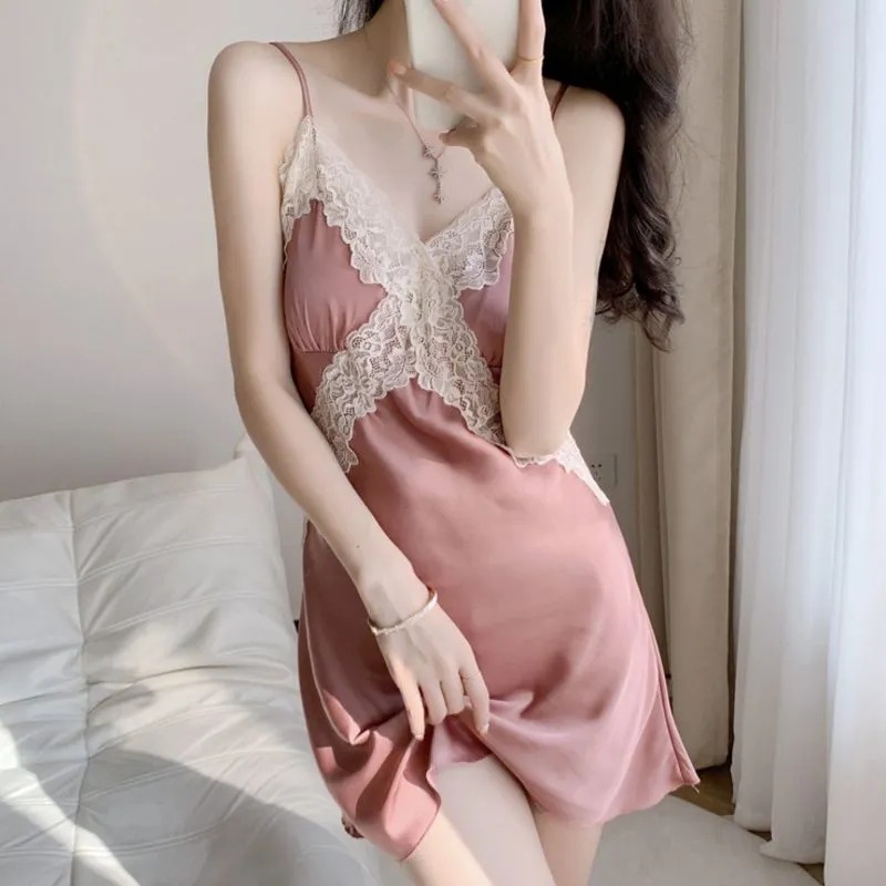 Picture of Spring and Summer Women's Pajamas, Ice Silk Thin Five-Piece Set, Sexy Camisole Nightdress, Large Size Loose Nightgown with Chest Pad, Loungewear
