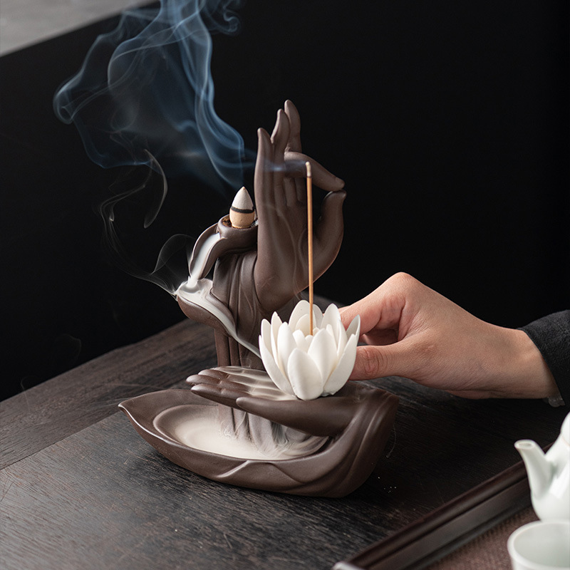 Picture of Buddha's Hand Lotus Incense Burner Sandalwood Tower Incense Purple Sand Incense Burner Crafts Creative Ornaments Indoor Backflow Incense Burner Cross-Border