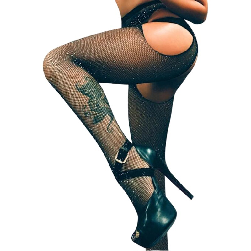 Picture of Ready Stock Sexy Fishnet Stockings with Hot Rhinestones, Four-Sided Openings, No Need to Take Off, Small Mesh Pantyhose, Cut Out Fine Mesh Encrypted Leggings for Women at Night