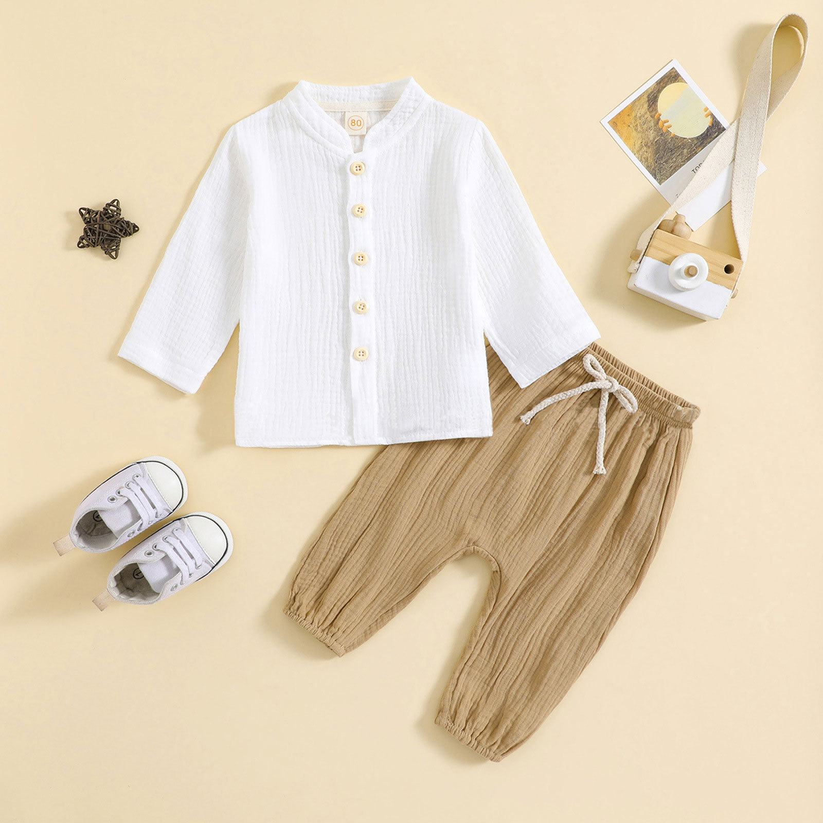 Picture of European and American Cross-Border Boys and Girls Morandi Color Front Strap Two-Piece Set Infant Cotton Shirt Long-Sleeved Pants Solid Color