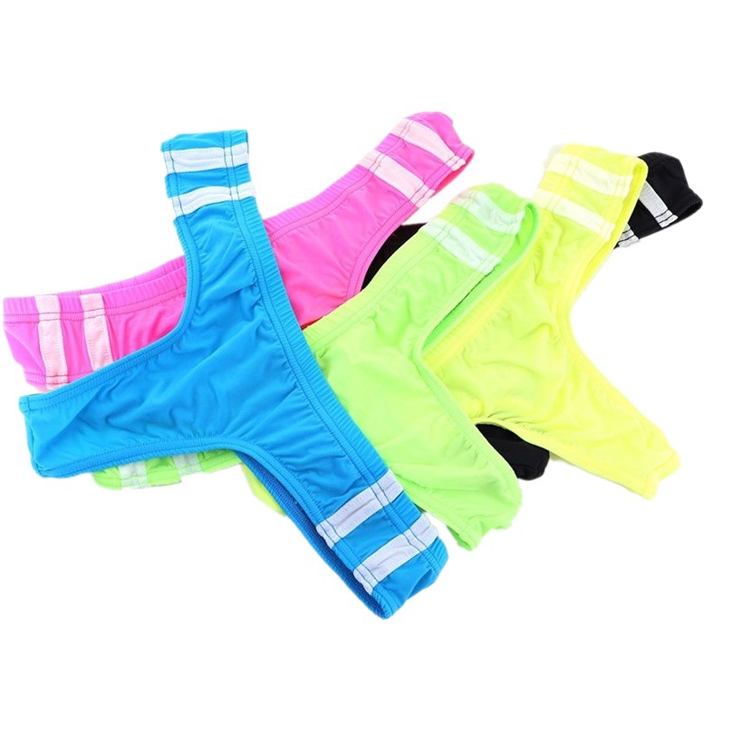 Sexy Men's T-pants Thin Breathable High Stretch Bikini Ice Silk Men's Thong Side Colorblock Slip Mid Low Waist