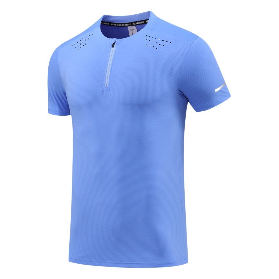 Nylon Ice Silk Running Sports Short-sleeved T-shirt Men's Vertical Collar Half-zipper Solid Color Fitness Clothes Training Elastic Quick-drying Clothes
