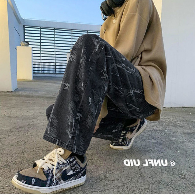 Picture of High Street Style Jeans Men's Summer Fashionable Loose Straight Wide Leg Dipped Pants Couple's Simple Pants