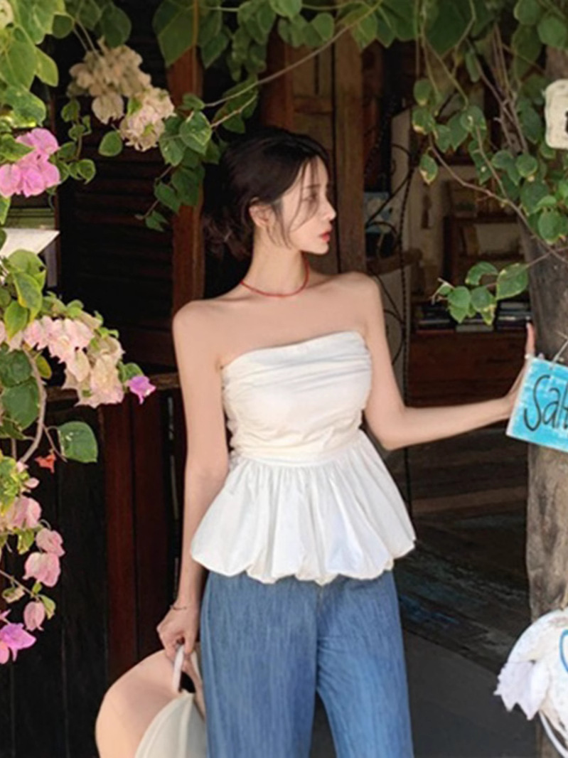 South Korea Dongdaemun Elegant Feminine Tight Waist Sexy Chest Large Strapless Pleated All-match Ruffled Sleeveless Top