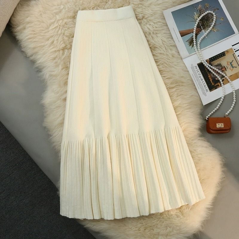 High Waist Slimming Pleated A- Line Skirt Women's Autumn and Winter Knitted New Loose Large Swing Knitted Mid-Length Skirt