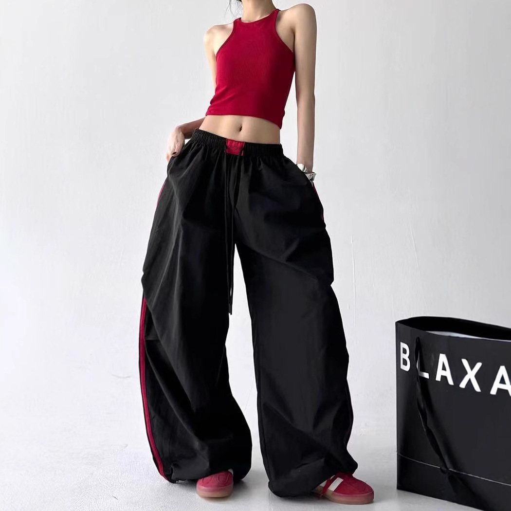 Cooling Quick-Dry Sports Parachute Pants for Women 2025 Summer Thin American Retro Color-Block Striped Casual Wide-Leg Pants