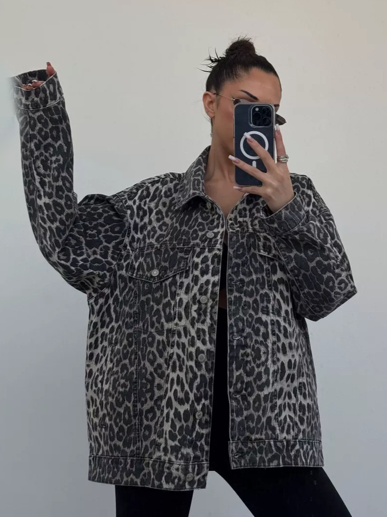 2024 New American Style Retro Leopard Print Niche Lapel Denim Jacket Spring Fashion Loose All-match Fashionable Jacket