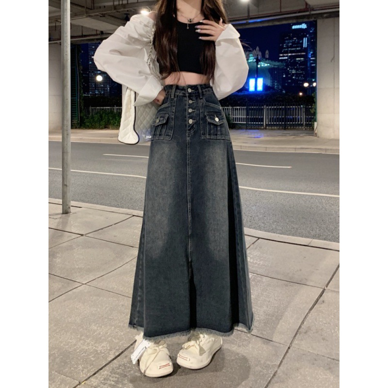 High Waist Fur Edge Denim Skirt Women's Autumn and Winter New Retro Design Sense Niche A- Line Long Skirt Skirt Spring and Autumn