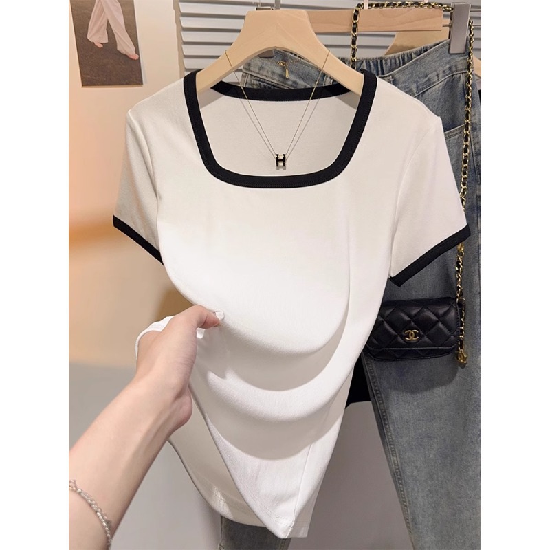Short-sleeved Stitching Square Collar Contrast Color Slim T-shirt Temperament 2025 Summer New Spice Girls Niche Chic Top Base Shirt