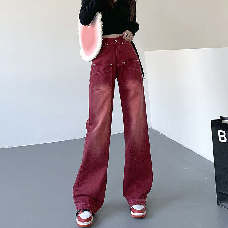 American Style Retro Red Jeans Women's Straight Loose Ins Trendy Design Hot Girl High Waist Slimming Wide Leg Pants