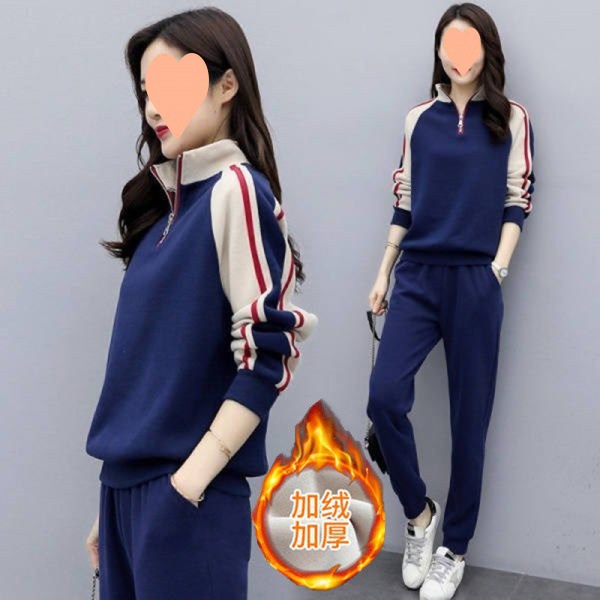 399# velvet padded leisure sports suit women's autumn and winter Korean version of loose large size long sleeve stitching two-piece suit
