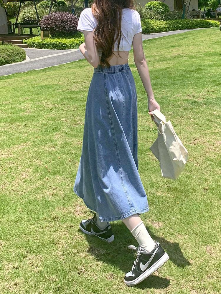 High-Waisted Denim Skirt for Women 2024 Summer New Slim and Versatile Elastic Waist A-Line Mid-Length Large Swing Umbrella Skirt