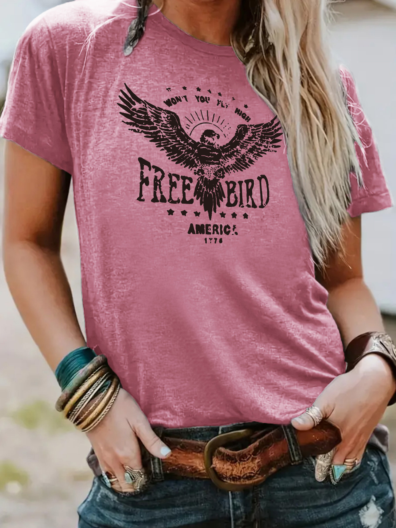 Picture of European and American independent station cross-border temperament T-shirt female in stock FREE BIRD eagle printing summer new short sleeve wholesale