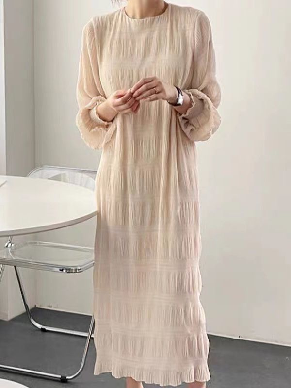 Korean style 2023 Autumn New pleated pattern lantern sleeve bubble chiffon round neck long elegant pleated dress