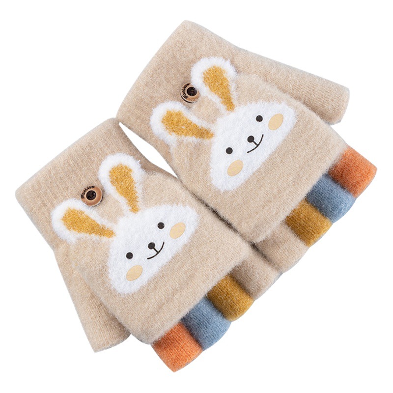 Children's Jacquard finger gloves winter boys and girls warm fleece-lined thick cartoon half finger flip gloves 4-12