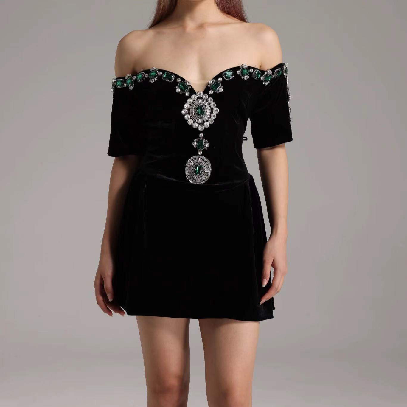 Elegant Black Design Sexy Strapless Strapless Diamond-studded Puff Mini dress Women's Clothing