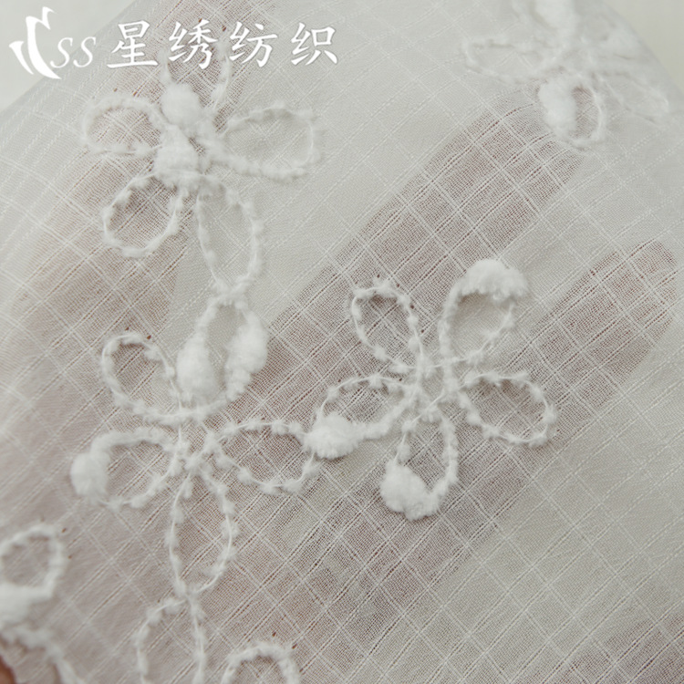 Picture of Hot-Selling Plaid Chiffon Embroidered Fabric with Small Pom-Poms, Five-Petal Flower Embroidery, Skin-Friendly Chiffon Long Dress, Sun Protection Clothing Fabric