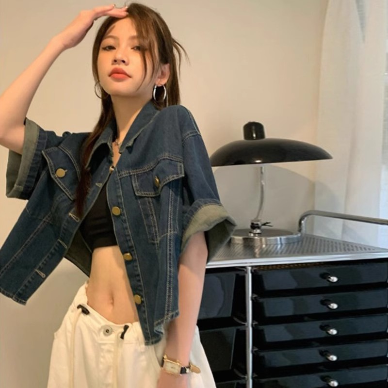 Picture of Spring and summer new design sense retro short sleeve shirt Denim coat women's plus size loose shirt short jacket top