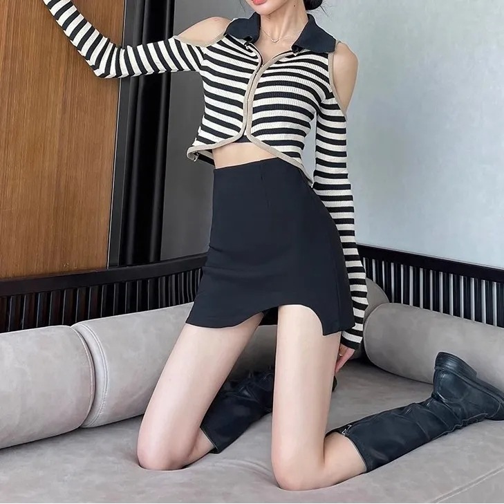 Black Split Skirt Women's Summer Thin High Waist Slimming chubby girl plus size A- line Anti-glare Casual Skirt Trendy Skirt