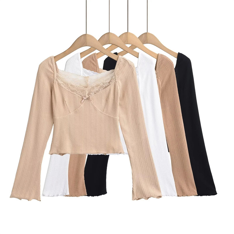Pure Desire Style Bow Lace Stitching Square Collar Long-sleeved T-shirt Early Autumn New Slim-fit Short Sexy Bottoming Top