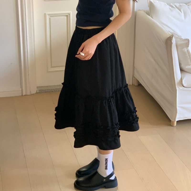 In-Stock Korean Retro Sweet Youthful Versatile Ruffled Elastic Waist Petite Women's Skirt