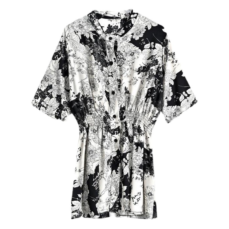 Real Shot Mother Summer Chiffon Wide Wife Mid-length Shirt Women's Belly Covering Slimming plus size Women's Western-style Top