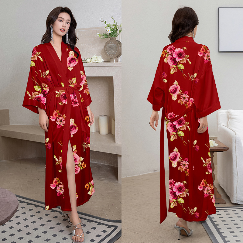 Picture of Yaoting Satin Printed Pajamas for Women Summer Large Size Accessible Luxury Three-Quarter Sleeves Cool Long Nightgown Home Wear Women Wp2669