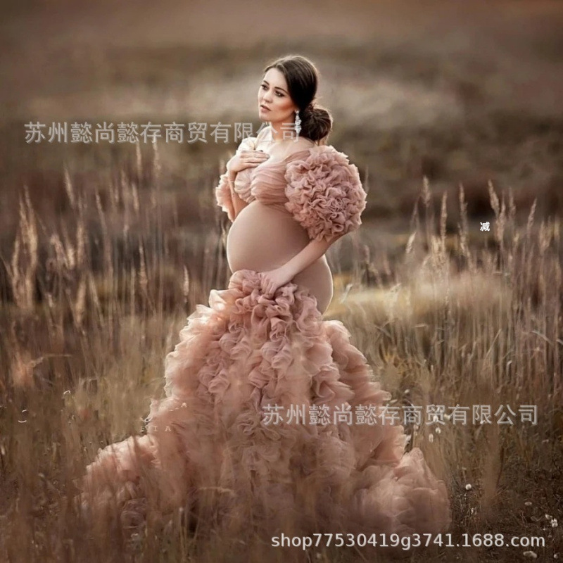 European and American Plus Size Fashionable Three-Dimensional Pregnant Women's Tail Dress Bathrobe Bridal Morning Robe Photo Studio Long Dress Evening Dress