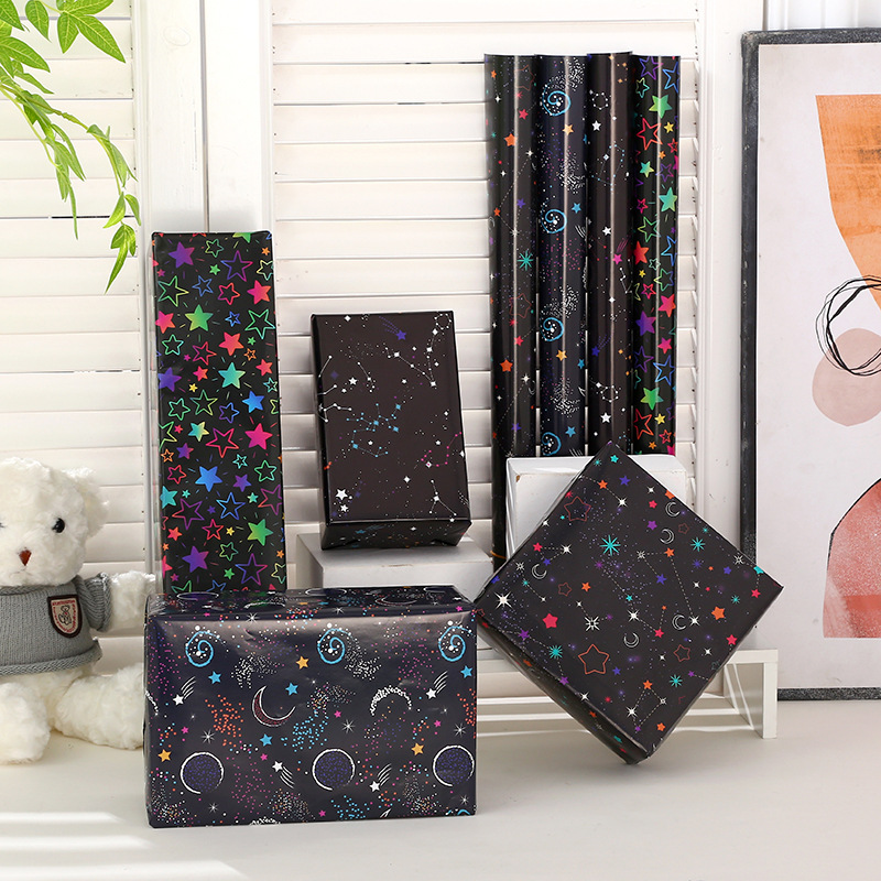 New Starry Sky Constellation Printed Wrapping Paper Black Gradient Five-Pointed Star Flower Shop Gift Shop DIY Gift Packaging