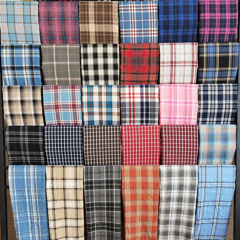 Picture of in stock brushed plaid fabric spring and summer women's shirt cloth 21 polyester cotton woven flannel plaid lining