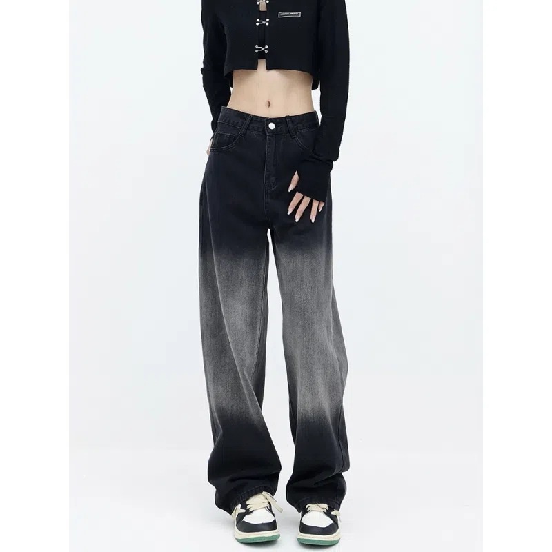 Black Gradient straight jeans for women 2023 spring Korean style high waist trendy ins slimming casual wide leg pants for students