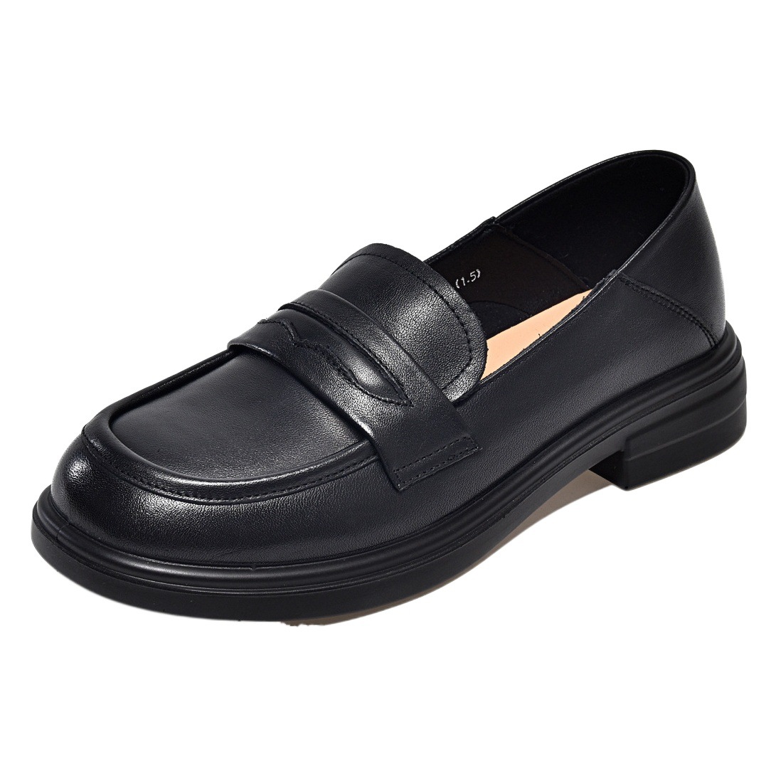Round Toe Small Leather Shoes Women's 2024 Spring Plus Size Black Head Layer Cowhide Basic Foot Loafers Entity