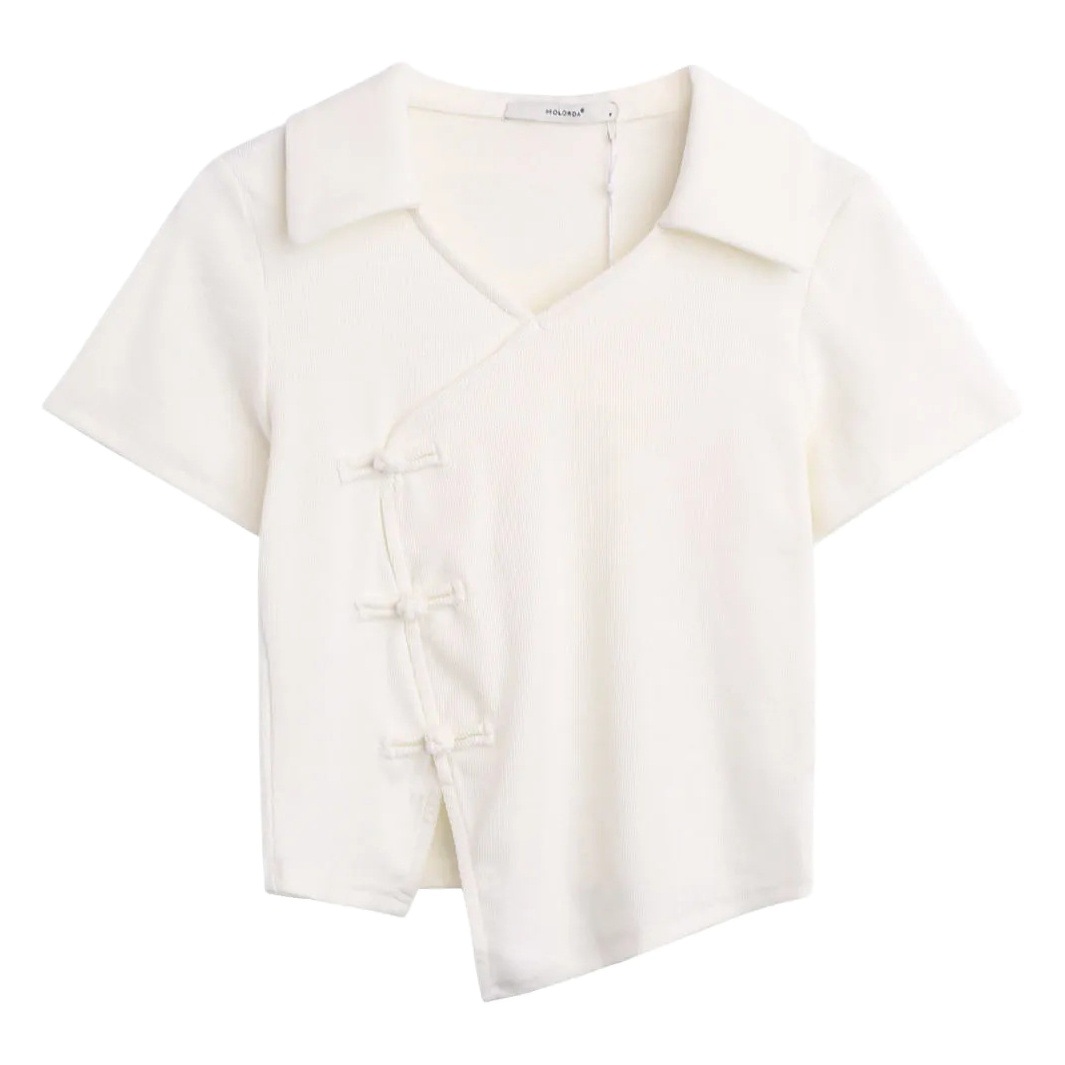 Korean Style Summer New T-Shirt Women's Short Niche Design Sense Unique Buckle Irregular Short Sleeve Top Women's Ins