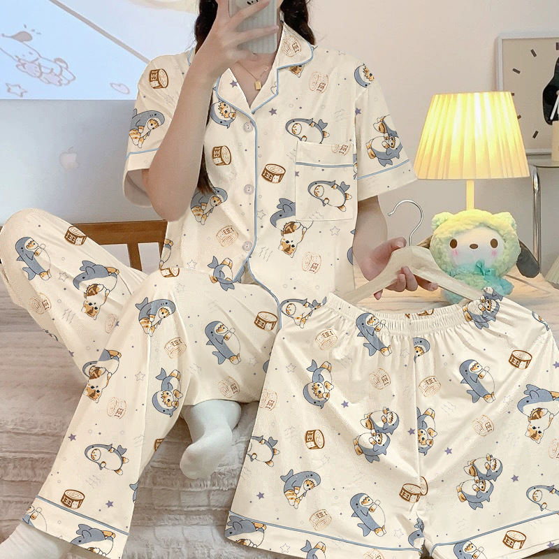Picture of Spring and summer new high-end pajamas women's cardigan cute cartoon short sleeve three-piece home clothes suit can be worn wholesale