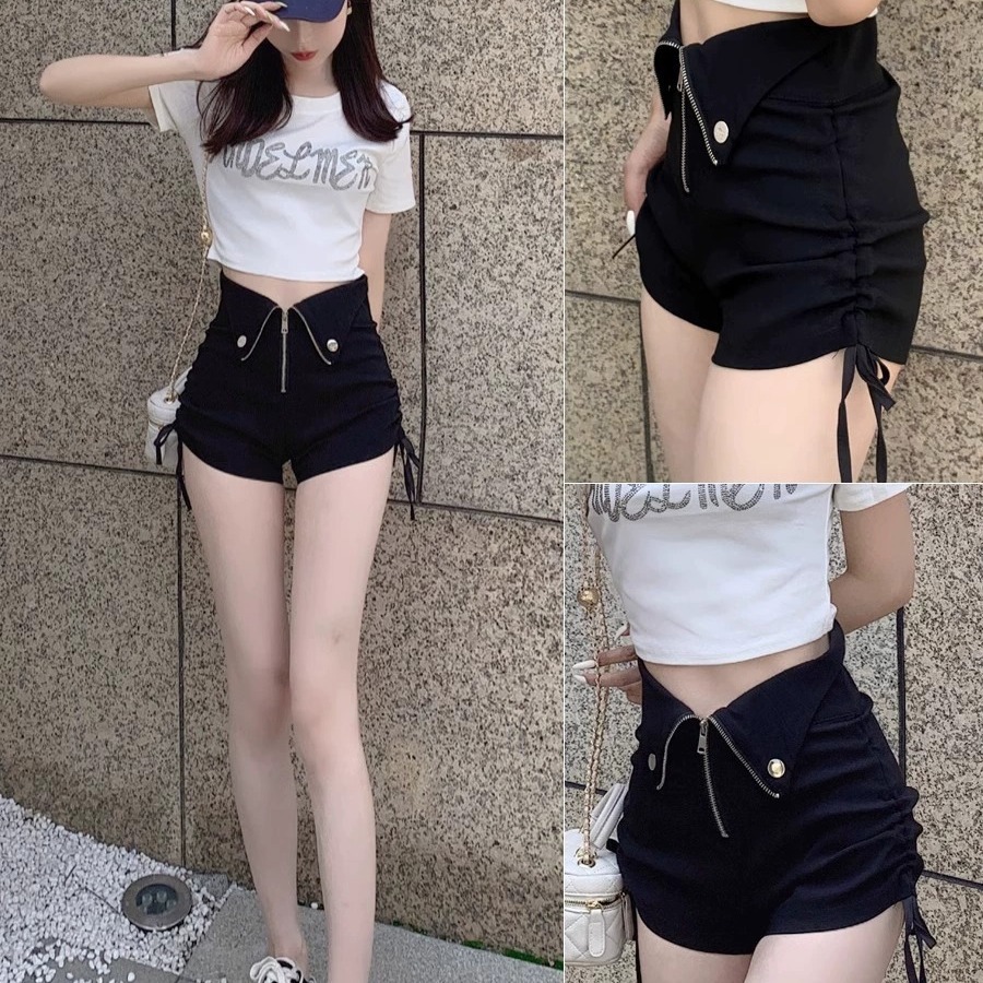 Ultra-high waist drawstring black shorts women's summer hot girl design sense niche small a-Line ultra-short hot pants fashion