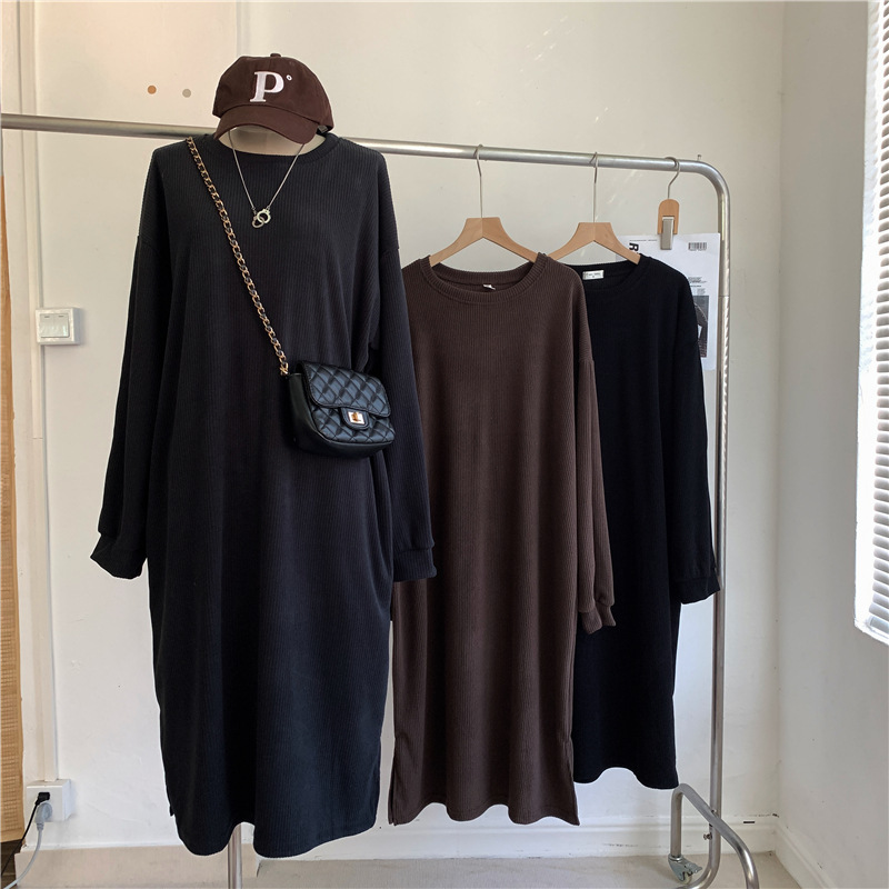 Cross-border American Real Shot Spring Autumn Winter Thin plus size Loose Casual Over-the-knee Long Pit Solid Color Split Mid-length Dress