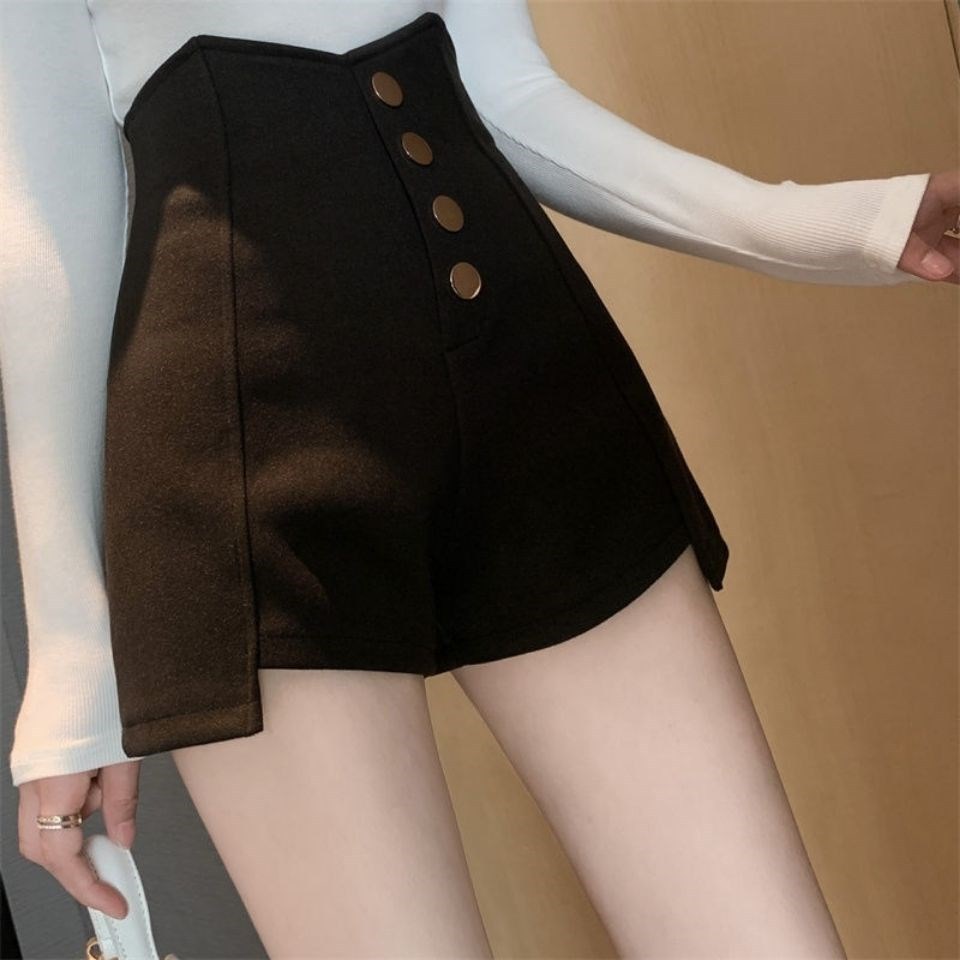 Picture of Black Woolen Wide-Leg Shorts Women's Autumn and Winter Outer Wear Small Slimming All-Match Irregular High Waist A- Shoe Pants